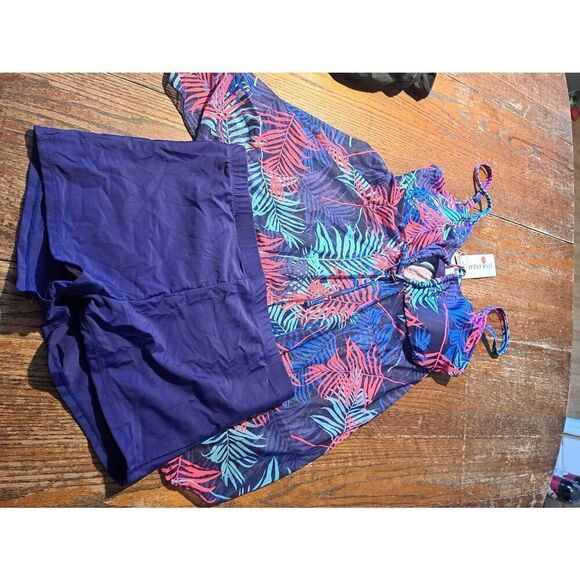 New Large Finwanlo Tankini Swimsuit Bathing Suit Floral Tropical Hawaiian - Picture 1 of 3